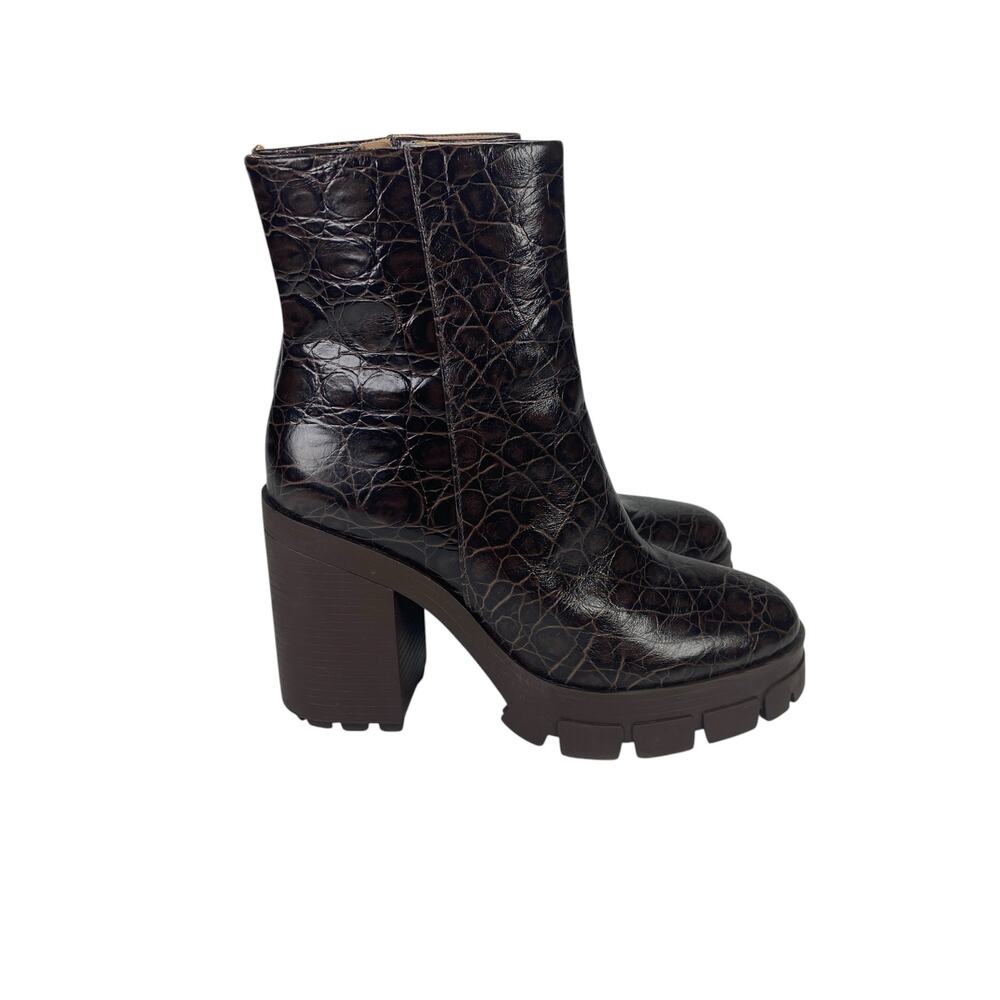 Schutz Boots Gwendoline Crocodile Embossed Leather Brown Heel Boots Size 7.5B